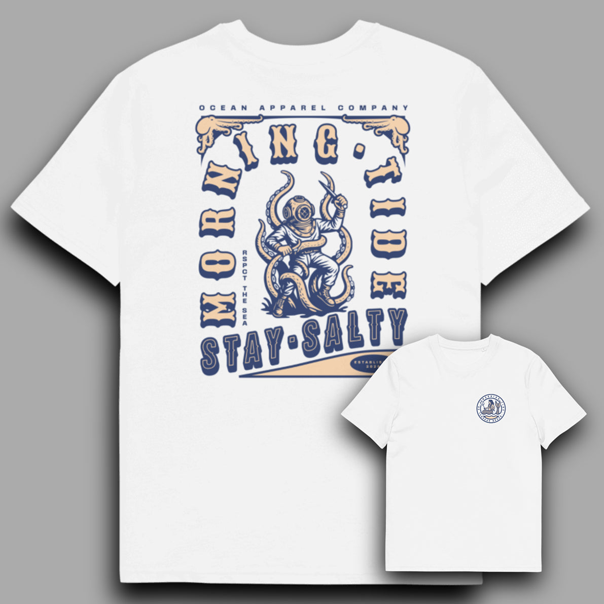 camiseta blanca de algodón con diseño de buzo, pulpo y sirena
