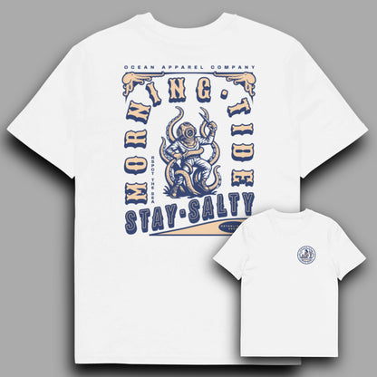 camiseta blanca de algodón con diseño de buzo, pulpo y sirena