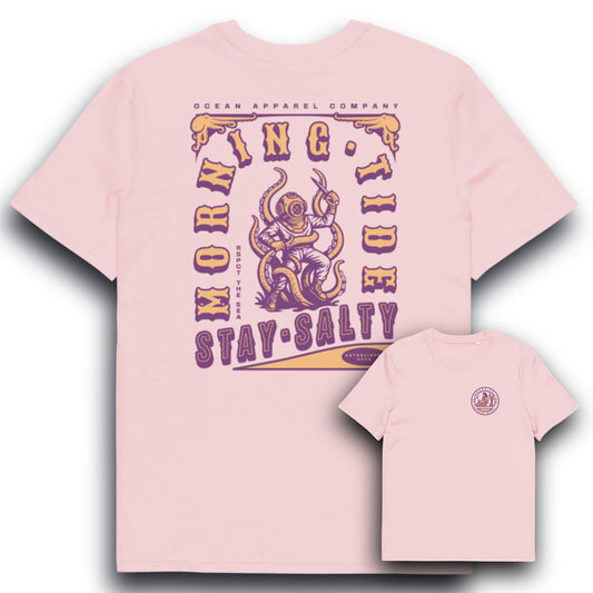 camiseta rosa de algodón con diseño de buzo, pulpo y sirena