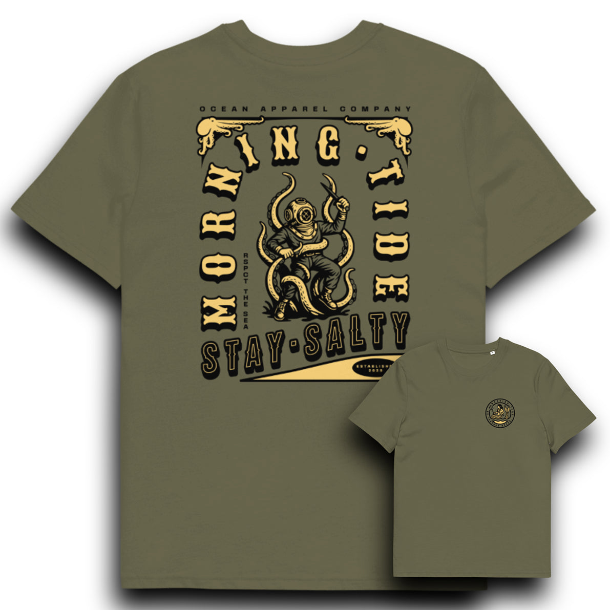 camiseta verde khaki de algodón con diseño de buzo, pulpo y sirena