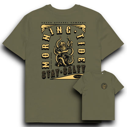 camiseta verde khaki de algodón con diseño de buzo, pulpo y sirena