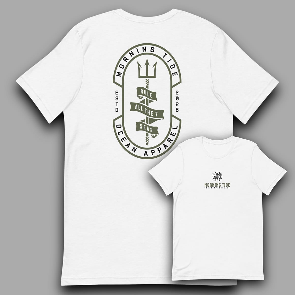 camiseta blanca de algodón y poliéster con diseño de tridente marino en la espalda y sirena en el pecho