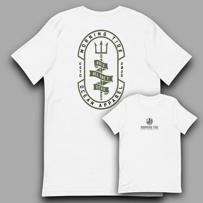 camiseta blanca de algodón y poliéster con diseño de tridente marino en la espalda y sirena en el pecho
