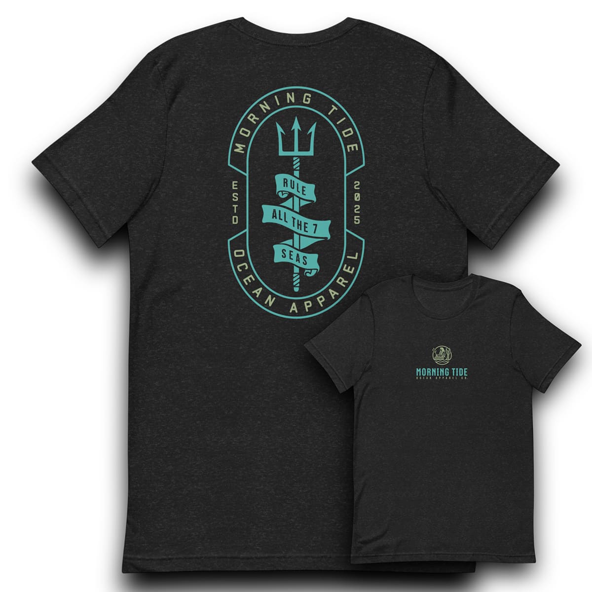 camiseta negra de algodón y poliéster con diseño de tridente marino en la espalda y sirena en el pecho