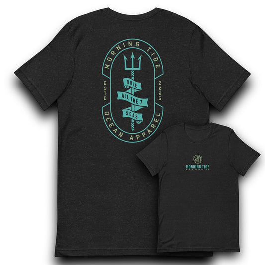 camiseta negra de algodón y poliéster con diseño de tridente marino en la espalda y sirena en el pecho