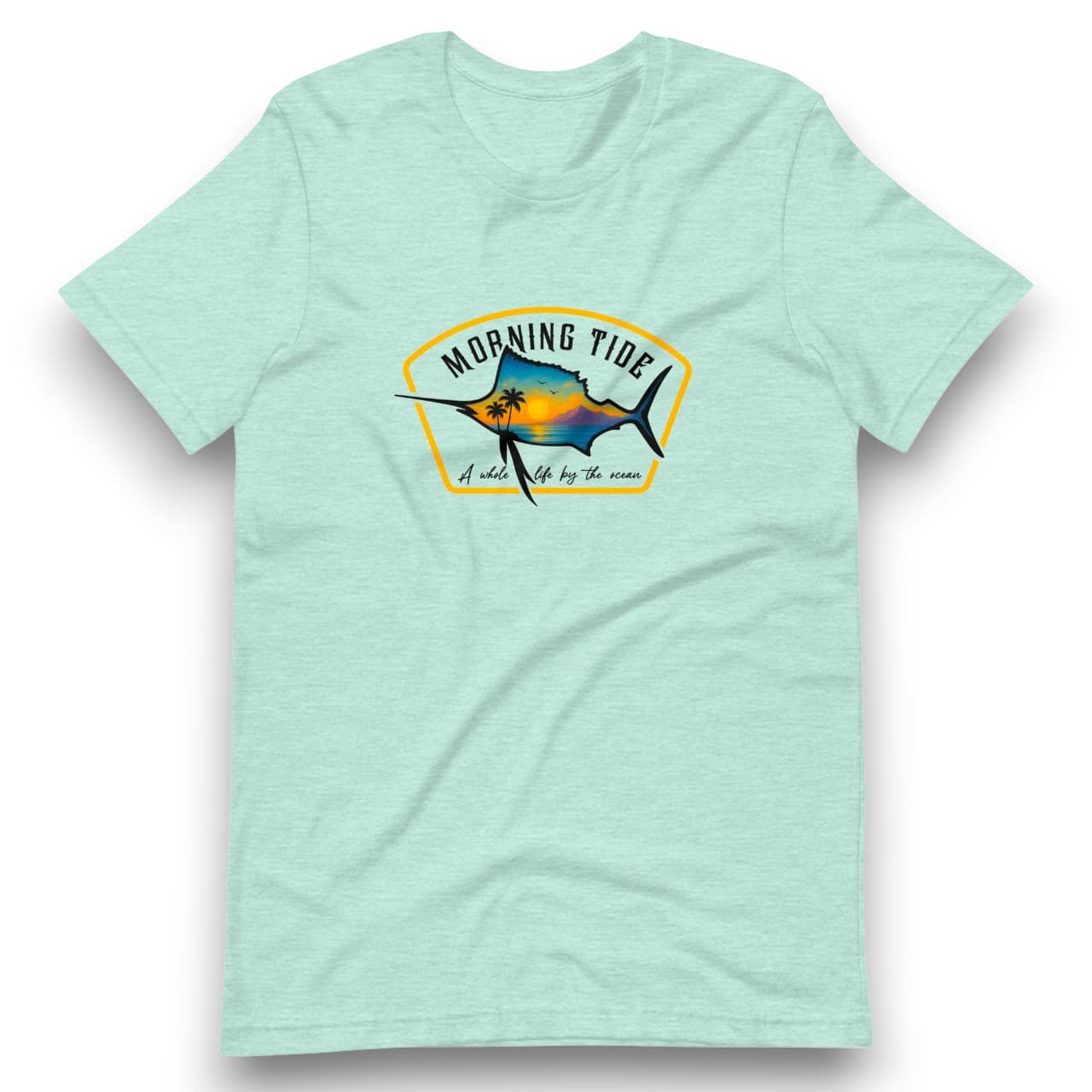 camiseta azul claro de algodón con diseño de playa, pez y el océano