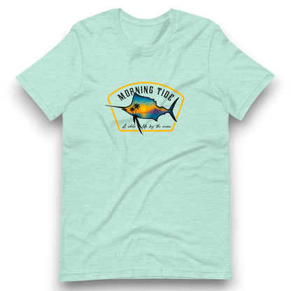 camiseta azul claro de algodón con diseño de playa, pez y el océano