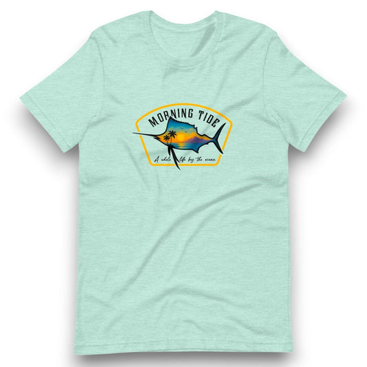 camiseta azul claro de algodón con diseño de playa, pez y el océano