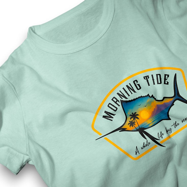 camiseta azul claro de algodón con diseño de playa, pez y el océano