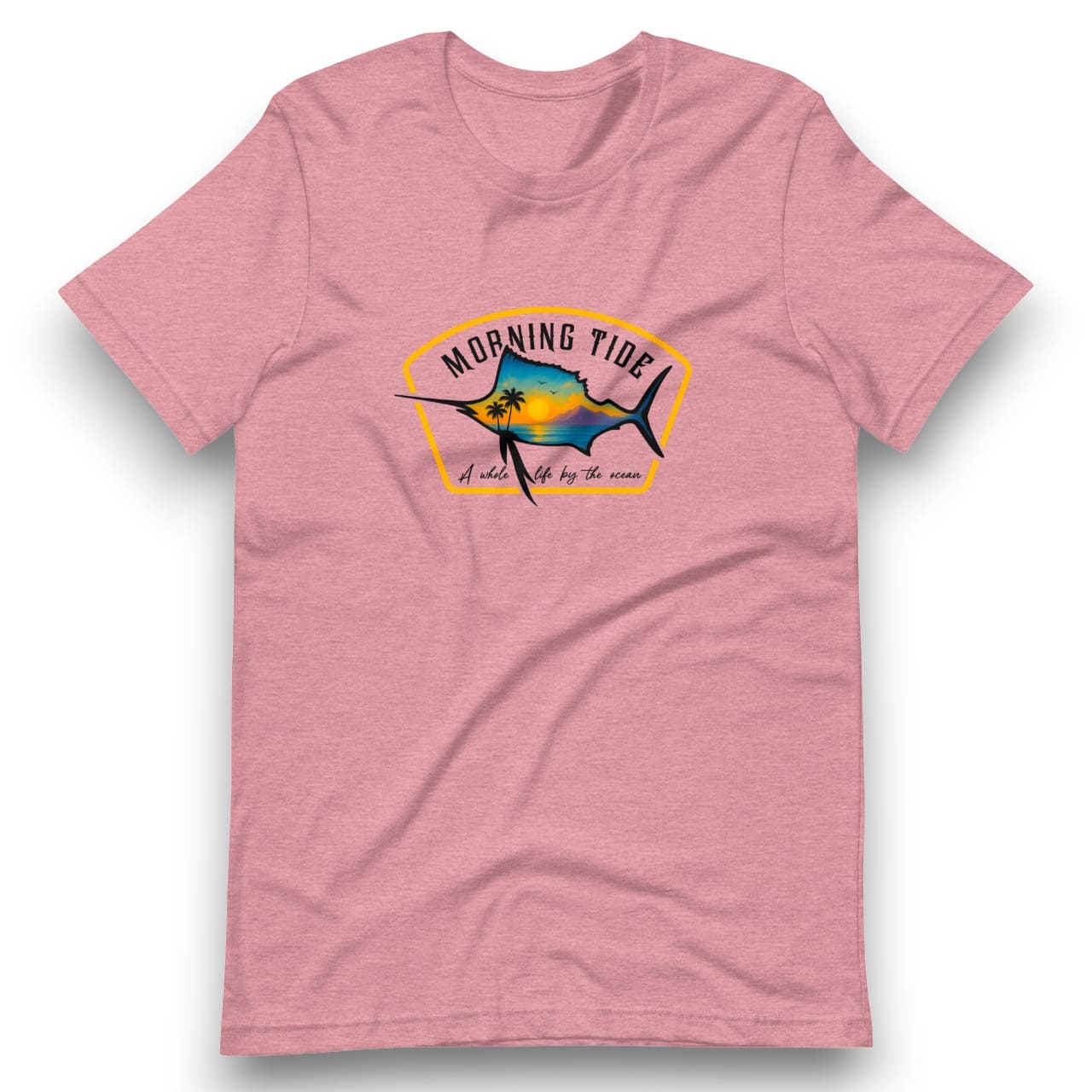 camiseta rosa de algodón con diseño de playa, pez y el océano