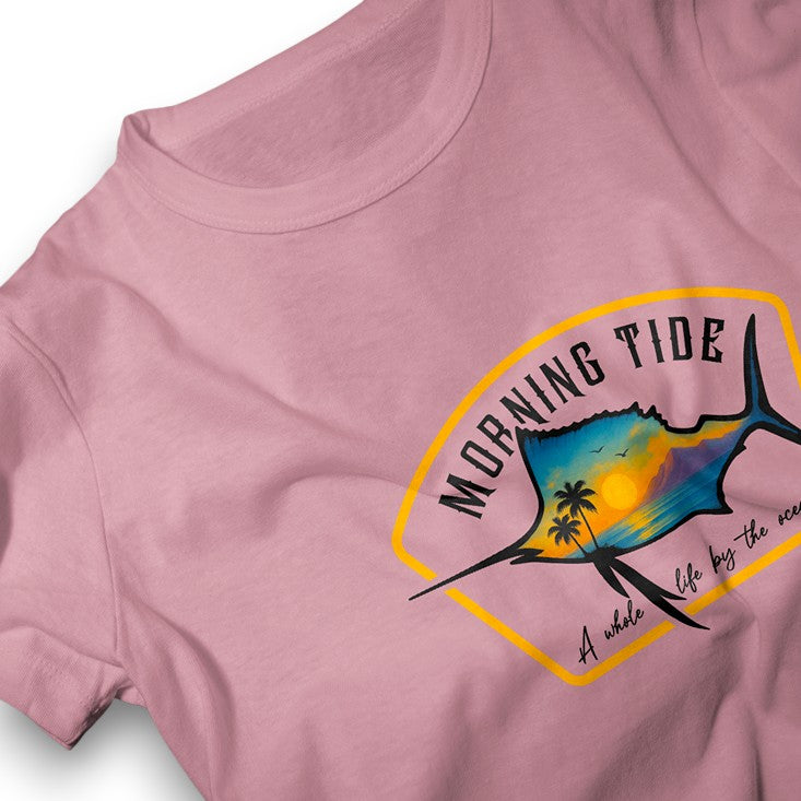 camiseta rosa de algodón con diseño de playa, pez y el océano