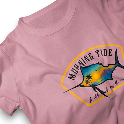 camiseta rosa de algodón con diseño de playa, pez y el océano