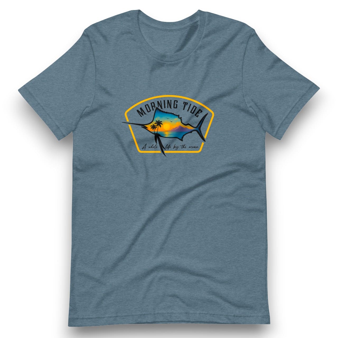 camiseta azul de algodón con diseño de playa, pez y el océano