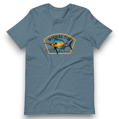 camiseta azul de algodón con diseño de playa, pez y el océano