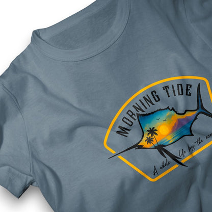 camiseta azul de algodón con diseño de playa, pez y el océano