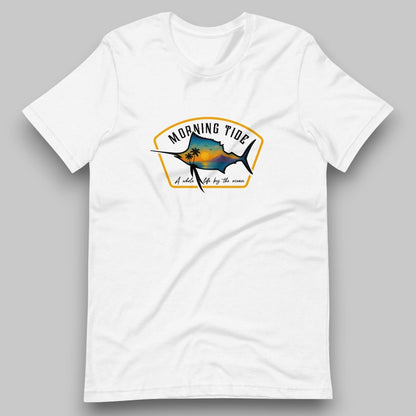 camiseta blanca de algodón con diseño de playa, pez y el océano