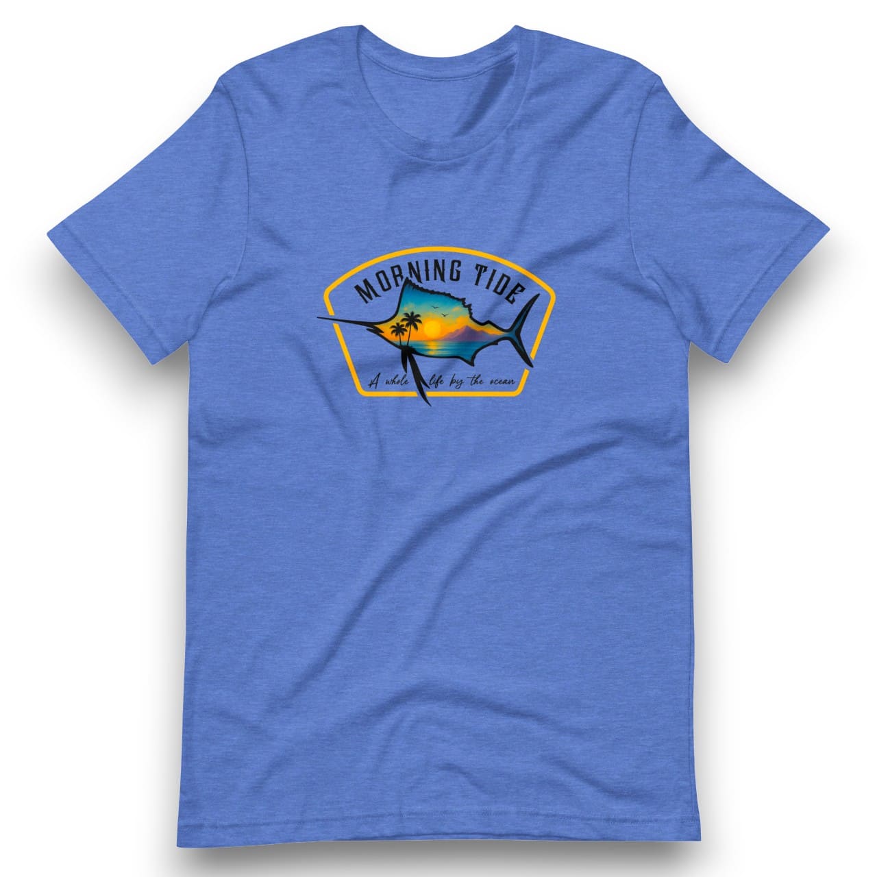 camiseta azul de algodón con diseño de playa, pez y el océano