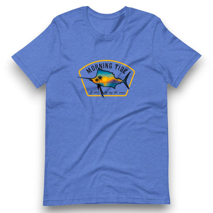 camiseta azul de algodón con diseño de playa, pez y el océano