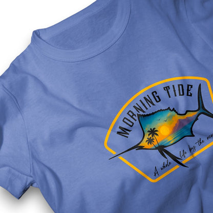 camiseta azul de algodón con diseño de playa, pez y el océano