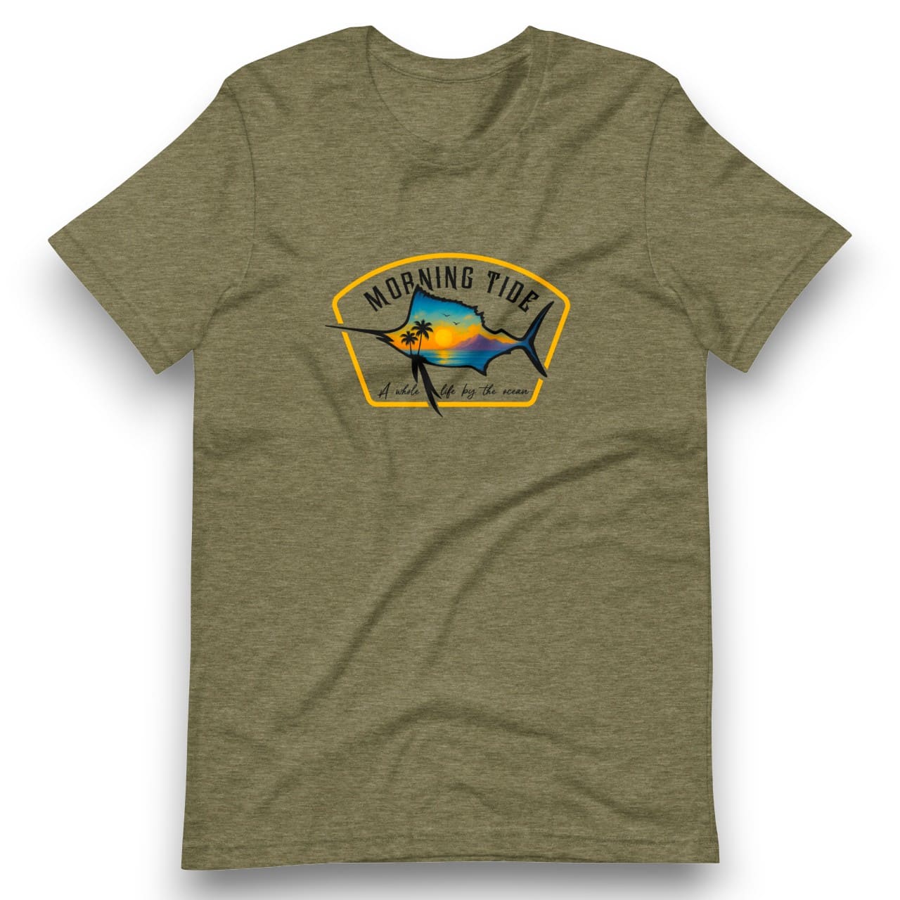 camiseta verde de algodón con diseño de playa, pez y el océano