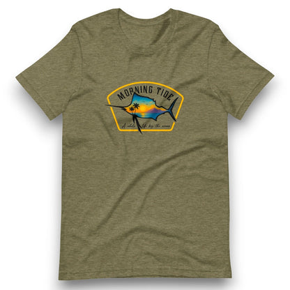 camiseta verde de algodón con diseño de playa, pez y el océano