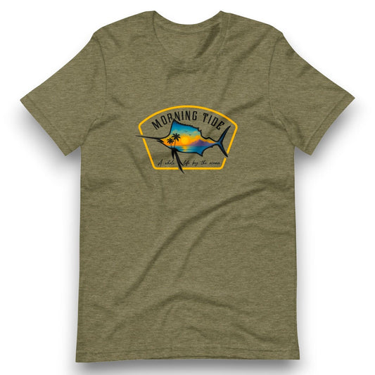 camiseta verde de algodón con diseño de playa, pez y el océano