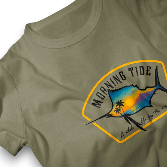 camiseta verde de algodón con diseño de playa, pez y el océano