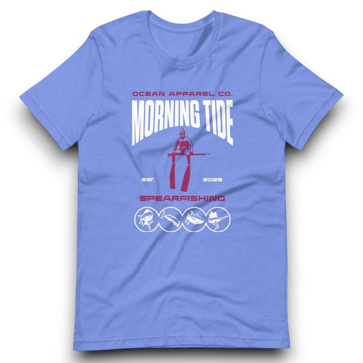 camiseta azul de algodón con diseño de pesca submarina y peces