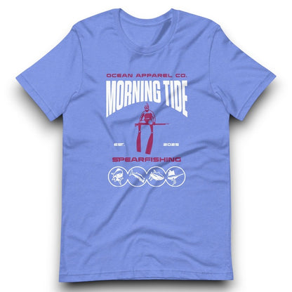 camiseta azul de algodón con diseño de pesca submarina y peces