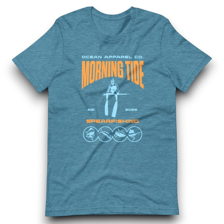 camiseta azul de algodón con diseño de pesca submarina y peces