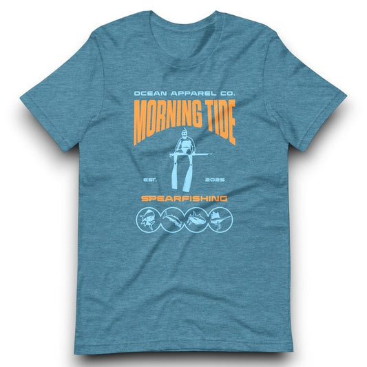 camiseta azul de algodón con diseño de pesca submarina y peces