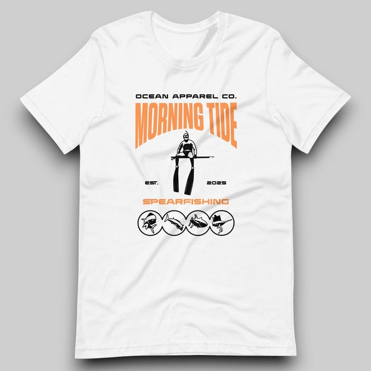 camiseta blanca de algodón con diseño de pesca submarina y peces