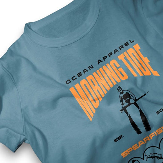 camiseta azul de algodón con diseño de pesca y el océano