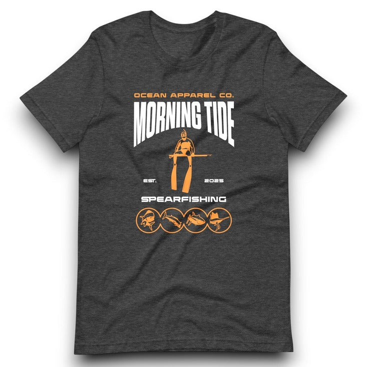 camiseta gris de algodón con diseño de pesca submarina y peces