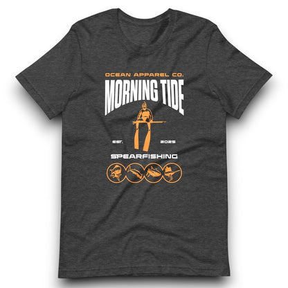 camiseta gris de algodón con diseño de pesca submarina y peces