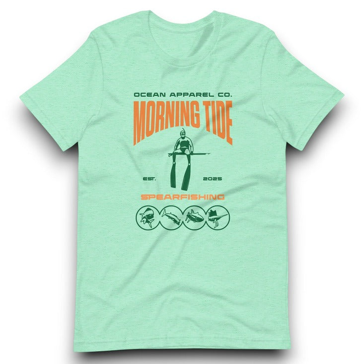 camiseta verde de algodón con diseño de pesca submarina y peces