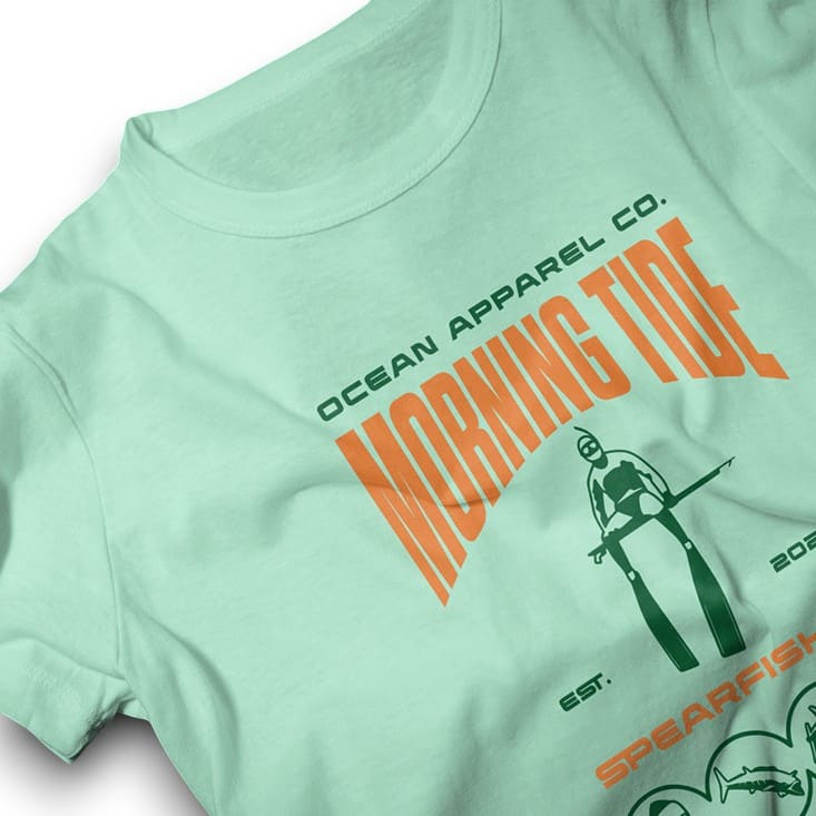 camiseta verde de algodón con diseño de pesca submarina y peces