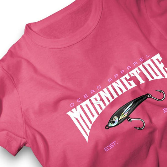camiseta rosa de algodón con diseño de pesca con señuelo y el océano