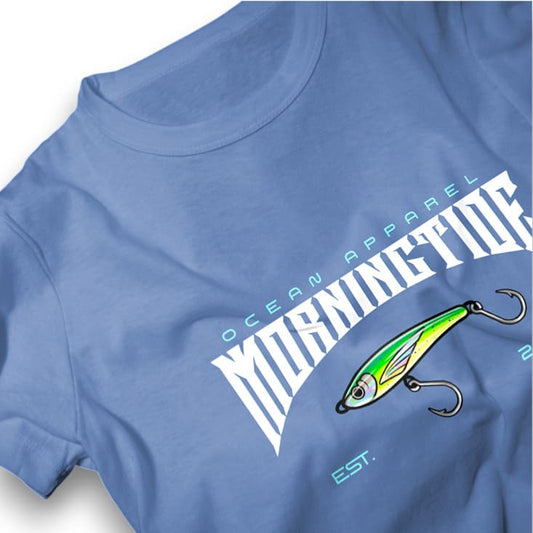 camiseta azul de algodón con diseño de pesca con señuelo y el océano