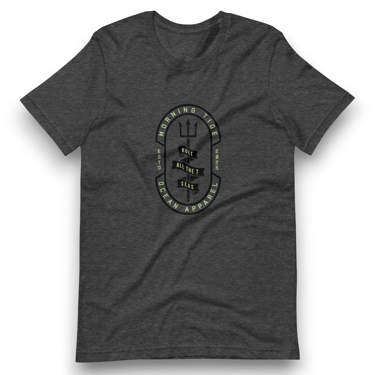 camiseta gris oscuro de algodón con diseño tridente, el océano y el mar