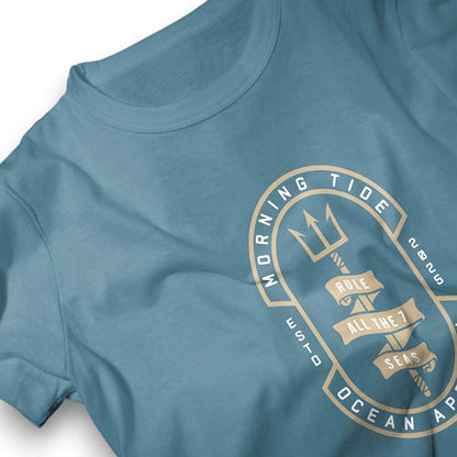 camiseta azul de algodón con diseño tridente, el océano y el mar