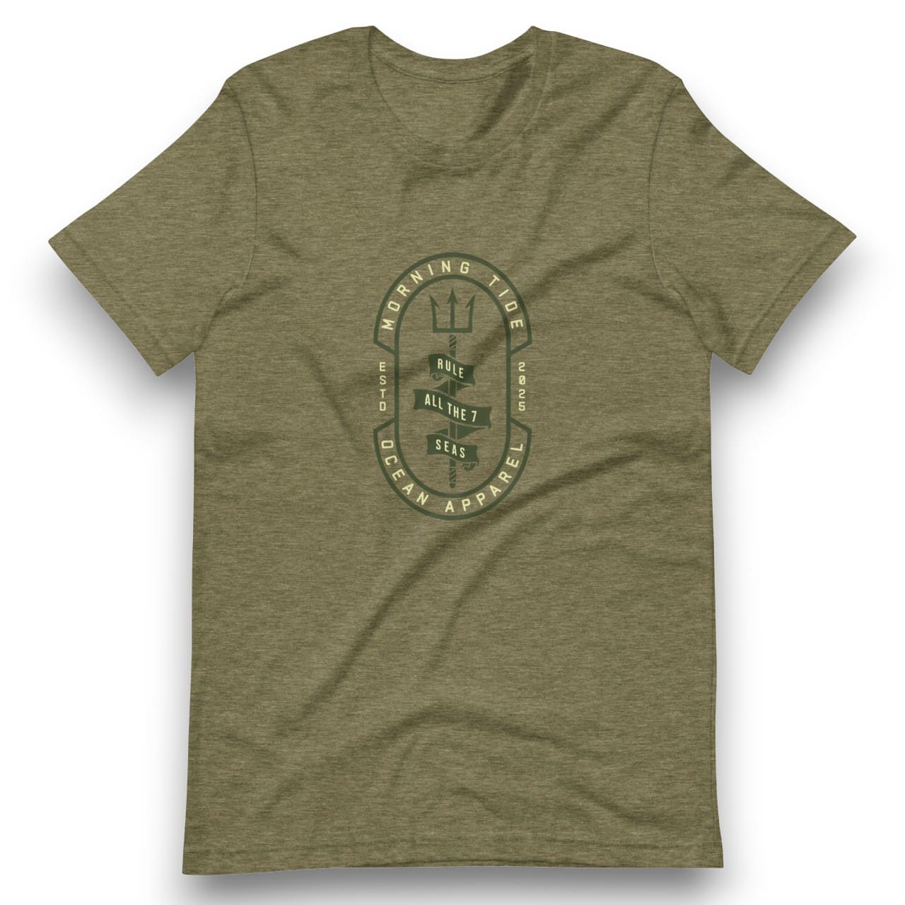 camiseta verde de algodón con diseño tridente, el océano y el mar