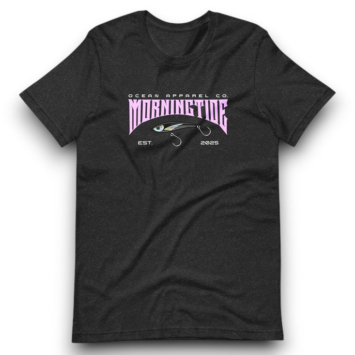 camiseta negro de algodón con diseño de pesca con señuelo y el océano