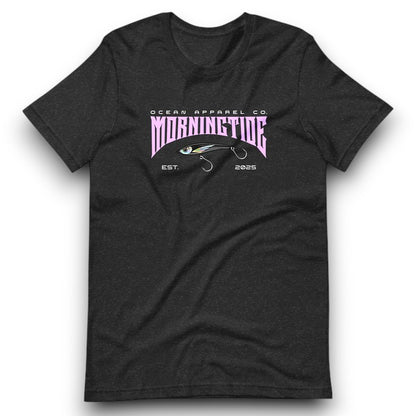 camiseta negro de algodón con diseño de pesca con señuelo y el océano