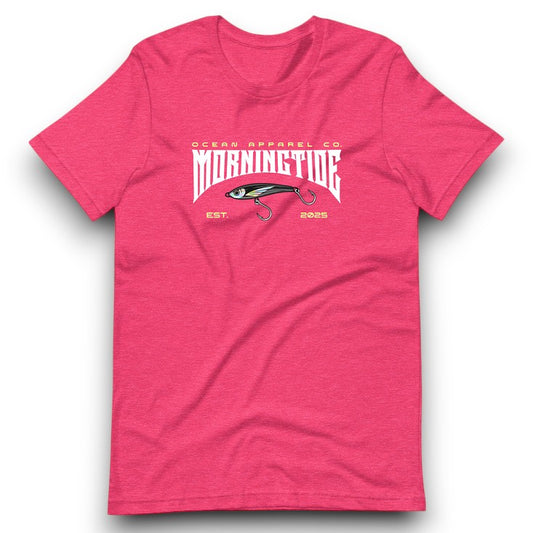 camiseta rosa de algodón con diseño de pesca con señuelo y el océano