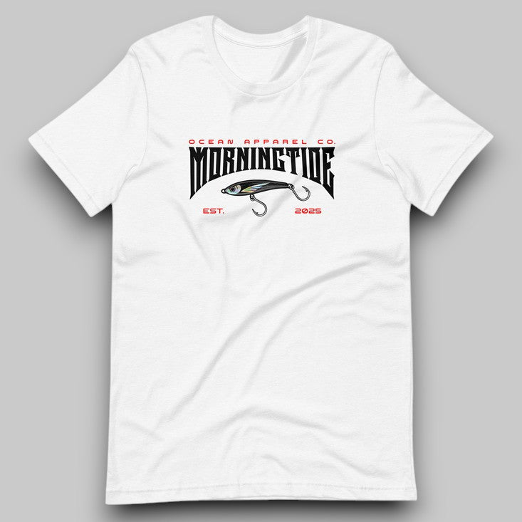 camiseta blanca de algodón con diseño de pesca con señuelo y el océano