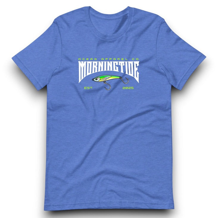 camiseta azul de algodón con diseño de pesca con señuelo y el océano