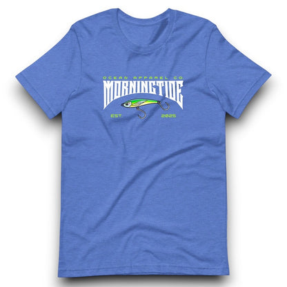 camiseta azul de algodón con diseño de pesca con señuelo y el océano