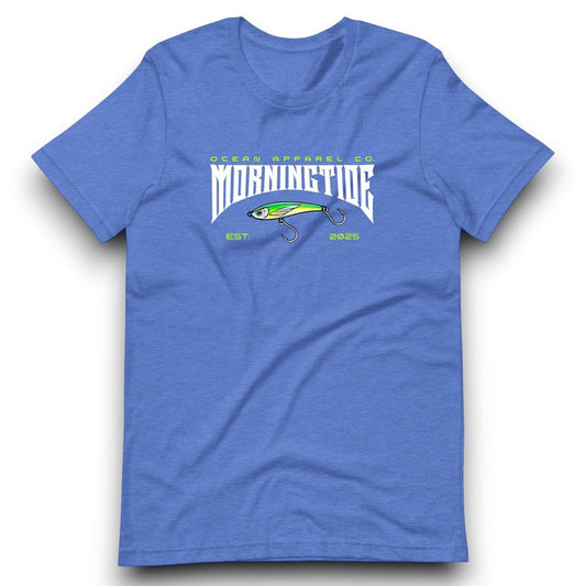 camiseta azul de algodón con diseño de pesca con señuelo y el océano