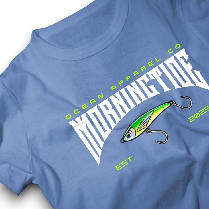 camiseta azul de algodón con diseño de pesca con señuelo y el océano